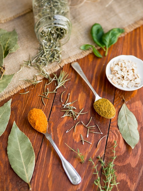 Free Photo spoons full spices with dry leaves