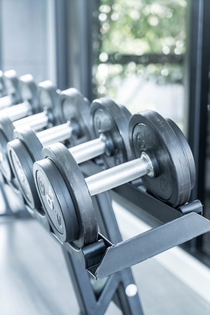 Sports dumbbells in modern sports club.