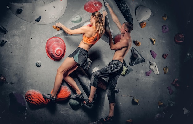 Free photo sporty male and female climbing on a climbing  wall.