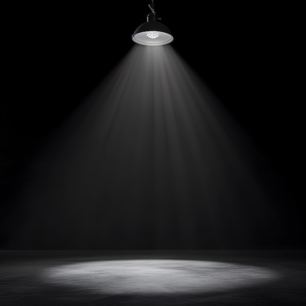 A spotlight on a black round stage with a dark room