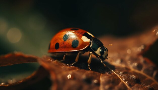 Spotted ladybug crawls on fresh green leaf generated by AI