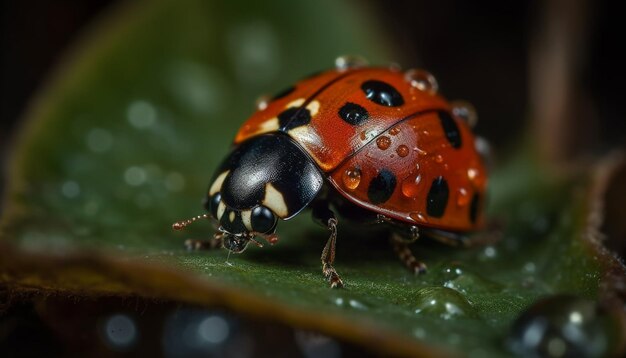 Spotted ladybug crawls on wet yellow flower generated by AI