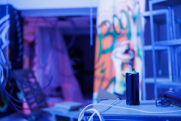 Free Photo spray paint bottles in neglected glowing building filled with graffiti on rusty damaged walls, containers of aerosols. deserted space in ruins illuminated by purple fluorescent lights. close up.