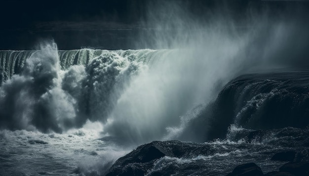 Free photo spraying waves break on majestic rocky seascape generative ai