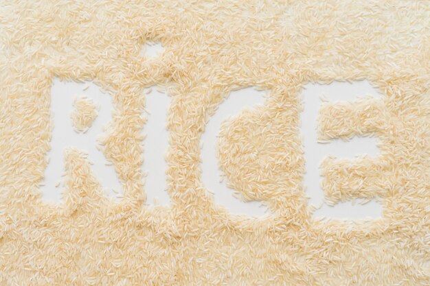 Spread rice with rice word text over white backdrop