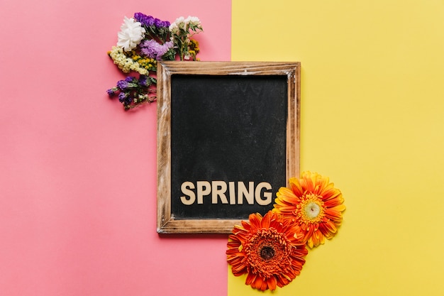 Spring blackboard and colorful flowers