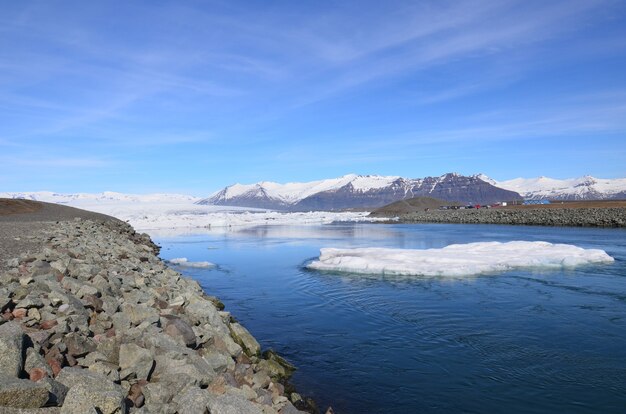 Spring Day with a Water Way and Mountains in Iceland