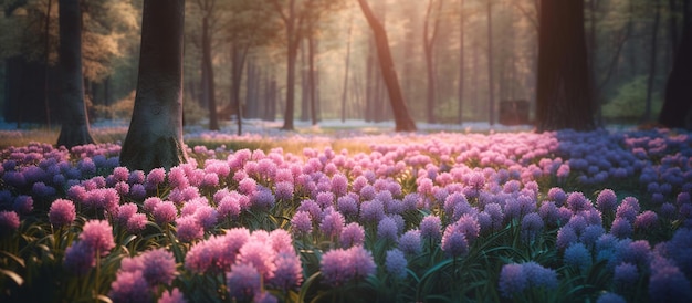 Spring glade in forest with flowering pink and purple hyacinths AI Generated Image