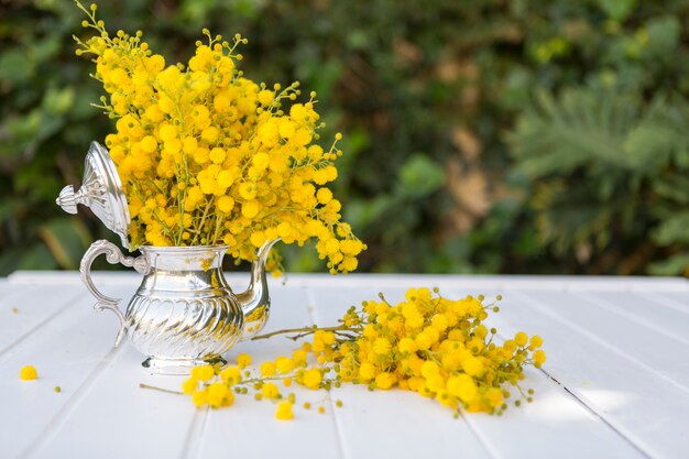 Spring scene with teapot full of yellow flowers