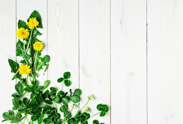 Spring wildflowers on a wooden white surface