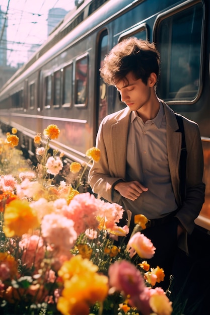 Springtime portrait of man with blossoming flowers