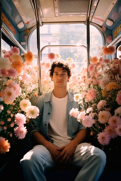 Springtime portrait of man with blossoming flowers