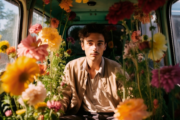 Springtime portrait of man with blossoming flowers