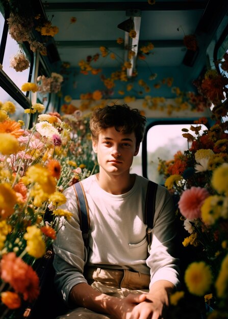 Springtime portrait of man with blossoming flowers