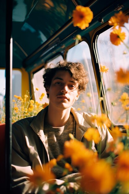 Springtime portrait of man with blossoming flowers