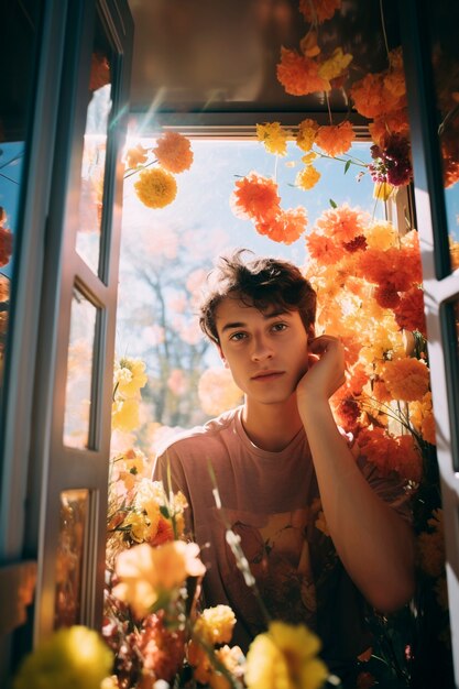 Springtime portrait of man with blossoming flowers