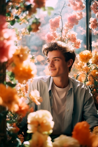 Springtime portrait of man with blossoming flowers