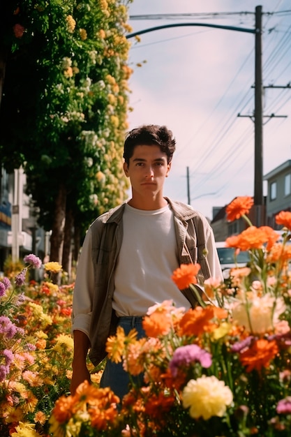 Springtime portrait of man with blossoming flowers