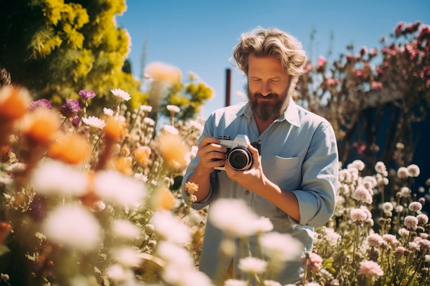 Springtime portrait of man with blossoming flowers