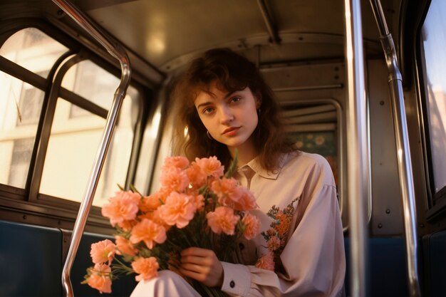 Springtime portrait of woman with blossoming flowers