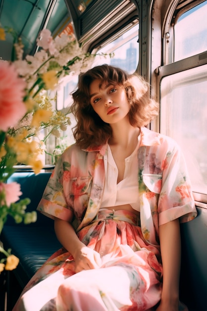 Springtime portrait of woman with blossoming flowers