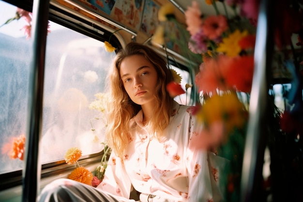 Springtime portrait of woman with blossoming flowers