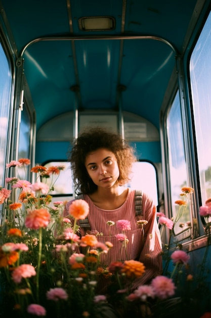 Springtime portrait of woman with blossoming flowers