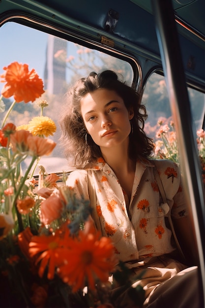 Springtime portrait of woman with blossoming flowers