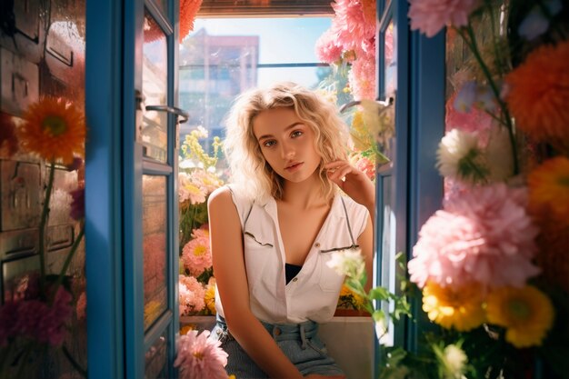 Springtime portrait of woman with blossoming flowers