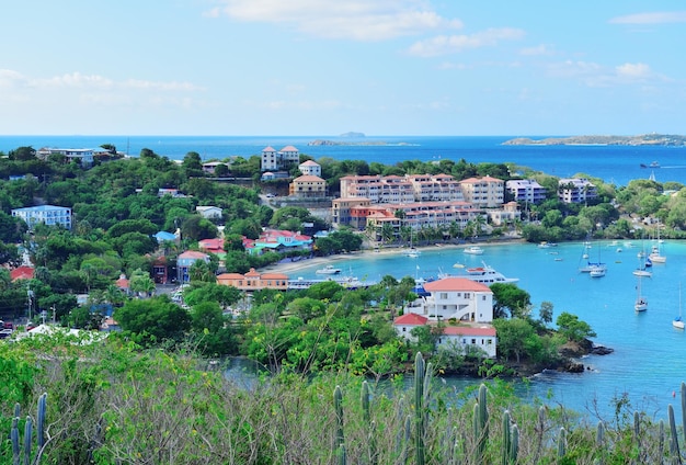 St John bay panorama with buildings and boats in Virgin Islands.