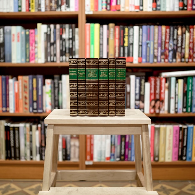 Stack of books in library