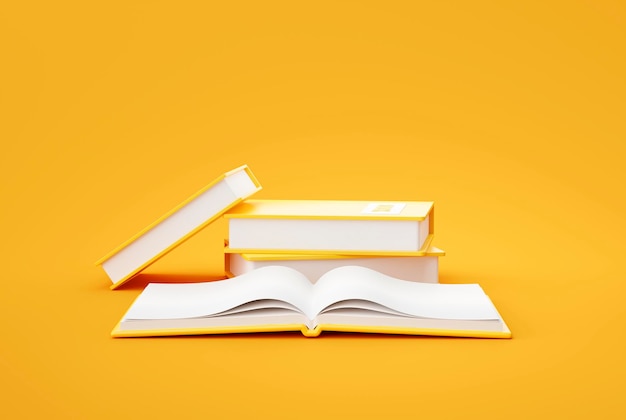 Stack of books on yellow background education concept 3d rendering