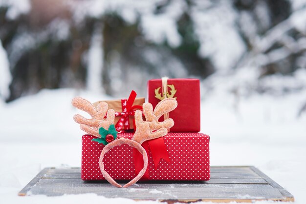 Stack of Christmas presents outdoors