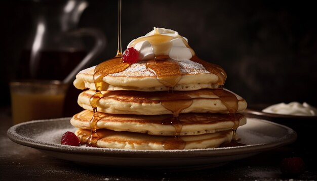 Stack of homemade pancakes with sweet syrup generated by AI