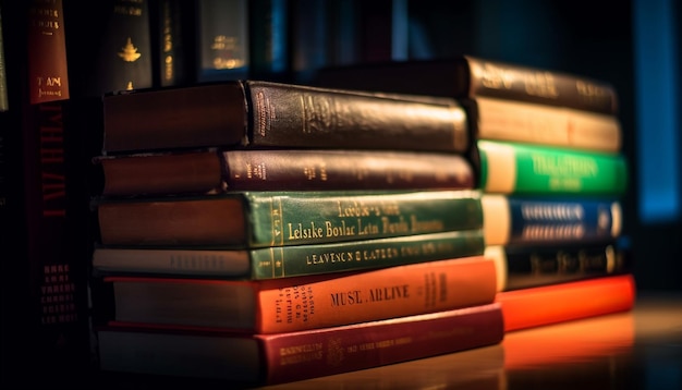 Free photo stack of old textbooks on library shelf generated by ai