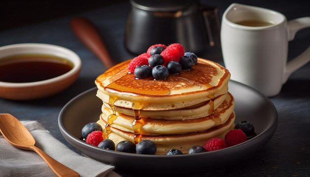 Stacked blueberry pancakes on wooden plate with syrup generated by AI