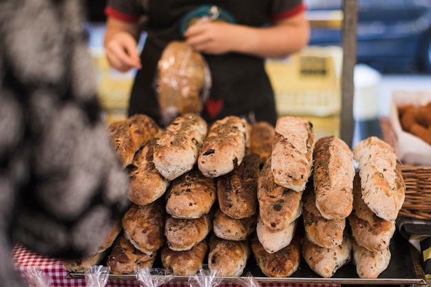 Free photo stacked of breads in the baker shop