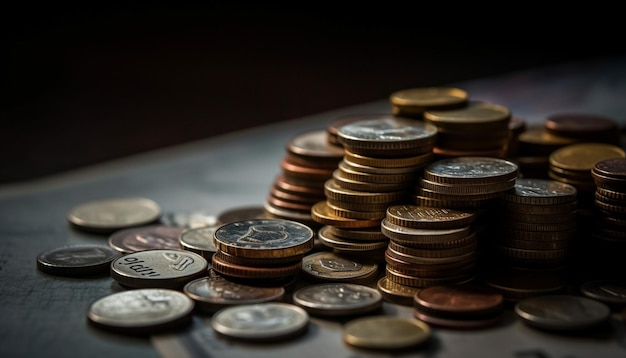 Free photo stacks of metallic coins symbolize financial success generated by ai