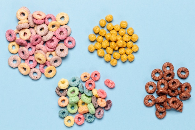 Stacks of various cereal loops top view