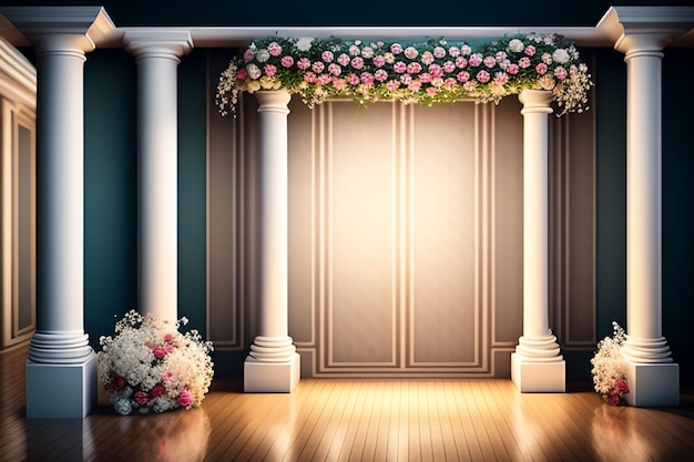 Free photo a stage with columns and flowers in the center