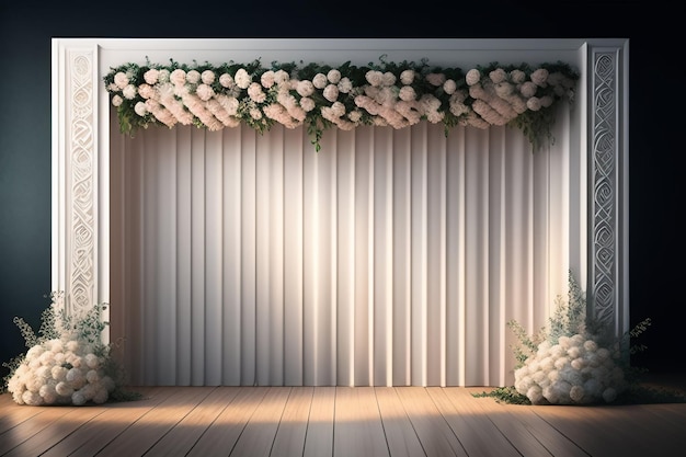 A stage with a curtain that says'white flowers'on it