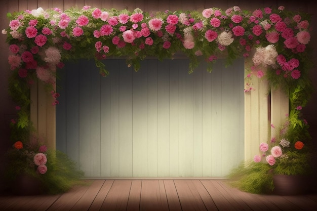 A stage with a pink flower backdrop