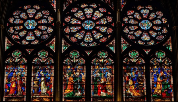 Stained glass window depicts religious saint praying generated by AI