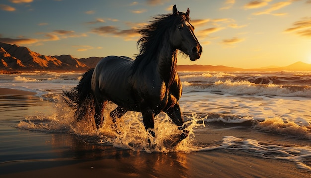 Stallion mane waves in sunset nature beauty unleashed generated by artificial intelligence