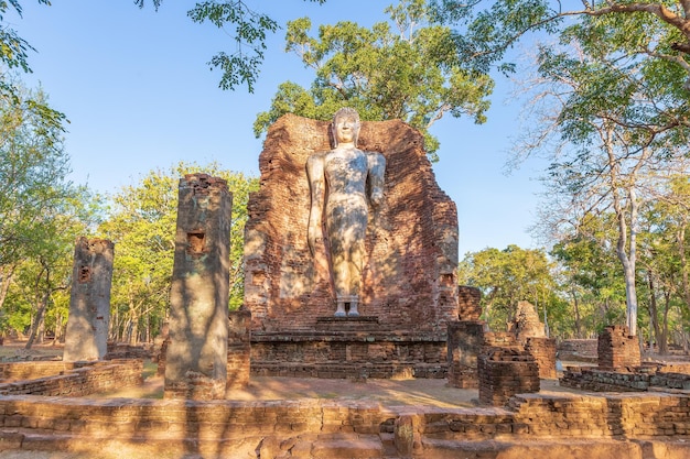 Free photo standing buddha statue at wat phra si ariyabot temple in kamphaeng phet historical park unesco world heritage site