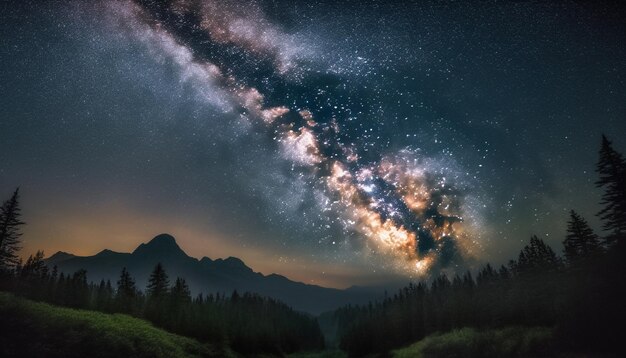 Star trail illuminates majestic mountain peak at night generated by AI