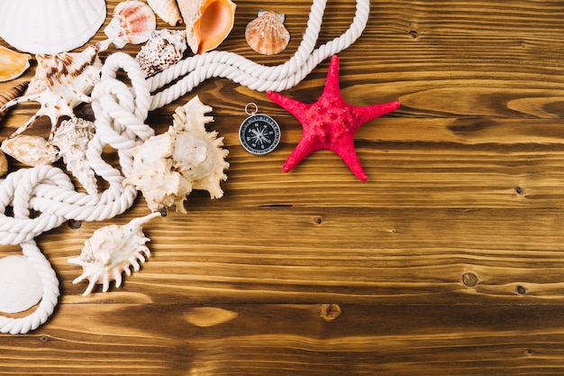 Free photo starfish and compass lying near seashells and rope