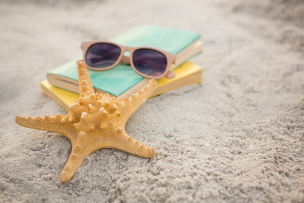 Free photo starfish, sunglasses and books on sand