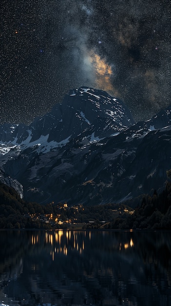 Free photo starry sky at night with landscape of mountains