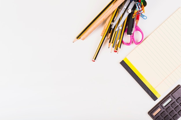 Stationery, notepad and calculator